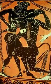 Theseus battling minotaur vase relief
